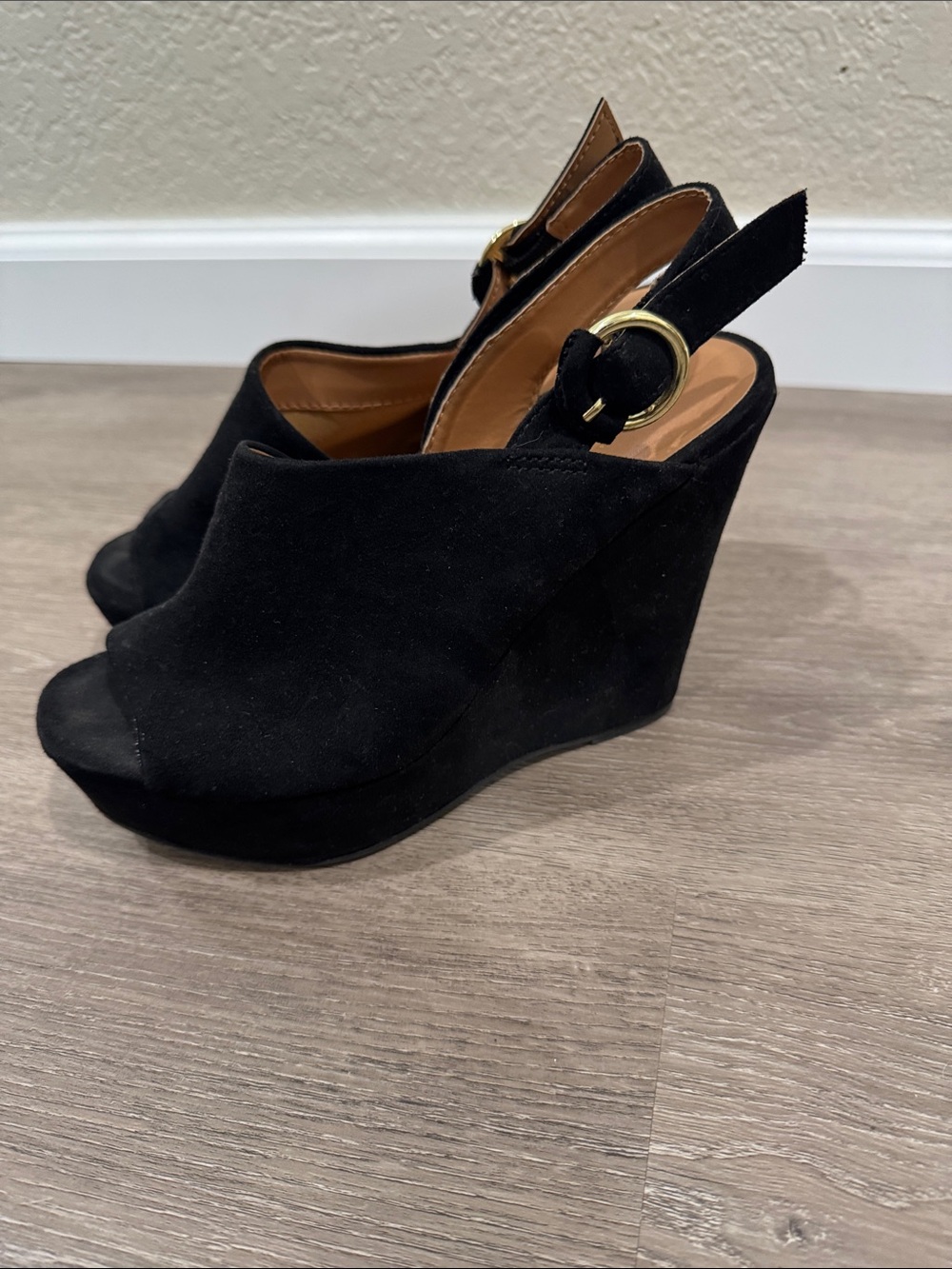 Qupid Black Suede Peep-Toe Wedge Sandals with Gold Buckle